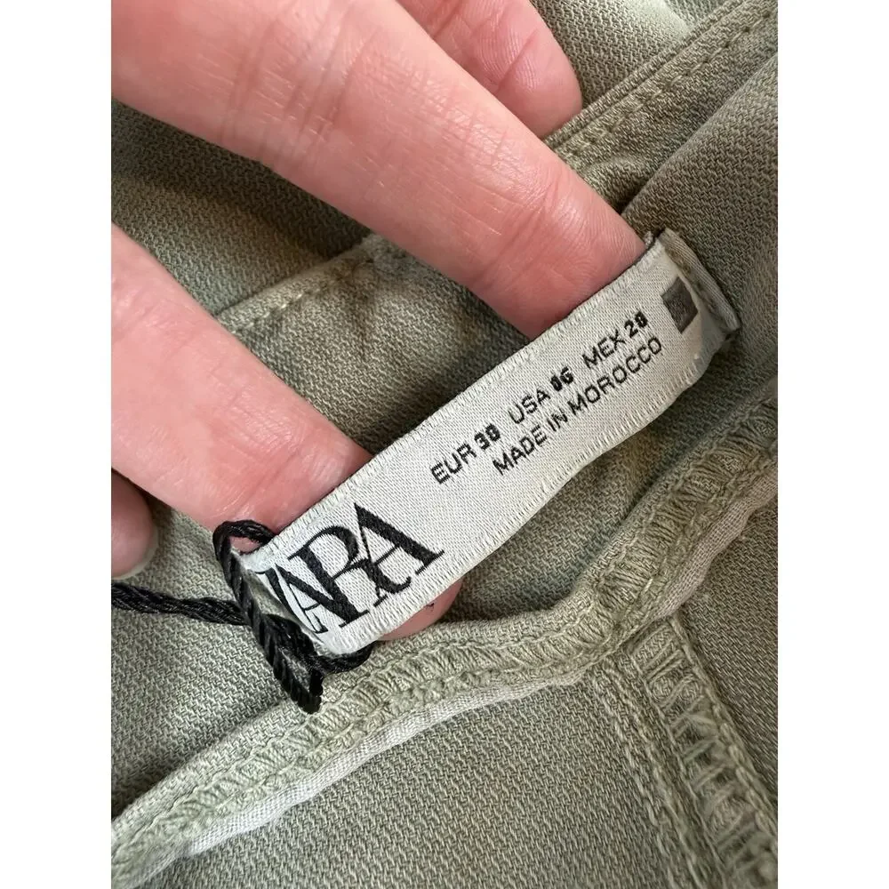 ZARA Pants Womens 6 Green Cotton Linen Twill High Rise Tapered Ankle Barrel NWT